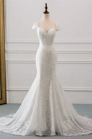 Mermaid Sweetheart Neck Cap Sleeves Floor-length Lace Wedding Dress With Lace