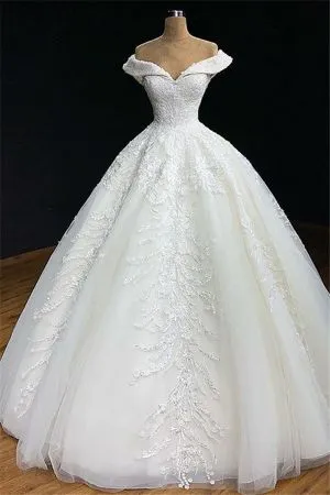Ball Gown Off-the-shoulder Sleeveless Sweep / Brush Train Bridal Gown With Appliques