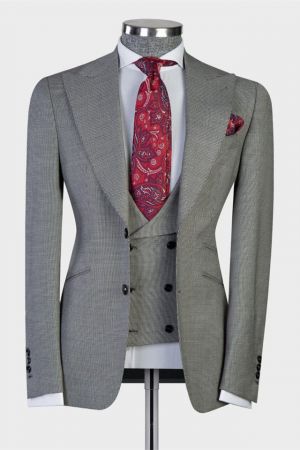 Gray Peaked Lapel Three Pieces Business Men Suit