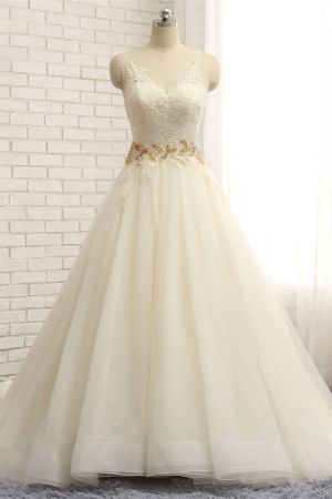 A-line Straps Court Train Tulle Wedding Gown With Lace