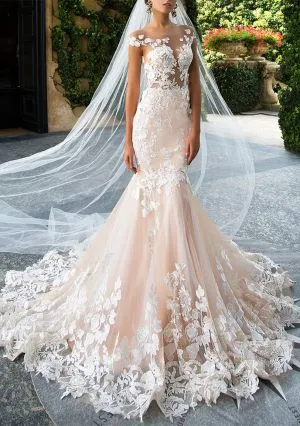 Mermaid Sweep / Brush Train Wedding Gown With Appliques