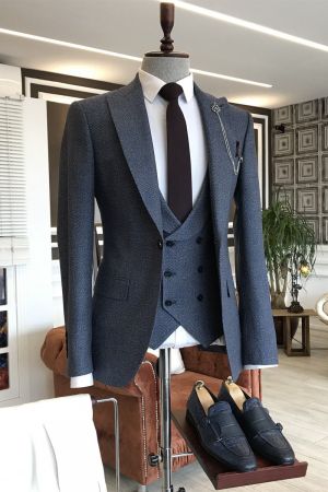 Dark Blue Plaid Single Breasted Slim Fit Business Suit