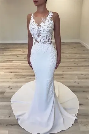 Mermaid Scoop Neck Sleeveless Sweep / Brush Train Bridal Attire With Flower(s)
