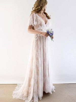 V-neck Cap Sleeves Tulle Wedding Dress With Lace