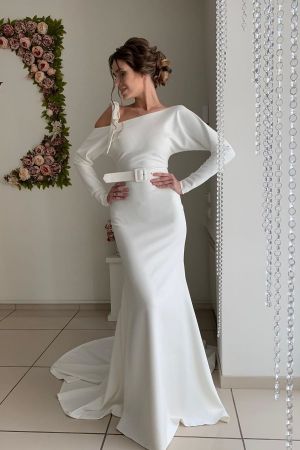 Column Long Sleeves Floor-length Satin Wedding Dress