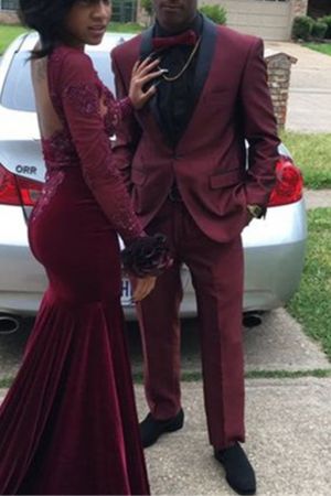 Burgundy Slim Fit Prom Suit with Shawl Collar