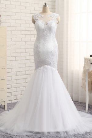 Mermaid Jewel Neck Sleeveless Floor-length Stretch Satin Wedding Dress With Lace