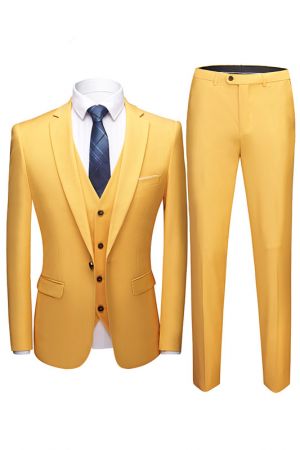 Yellow Slim Fit Three-Piece Suit with Notch Collar
