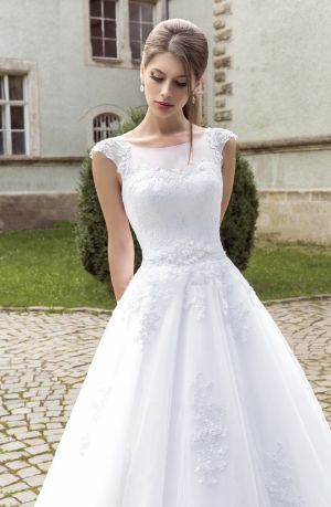 A-line Bateau Neck Sweep / Brush Train Wedding Gown With Appliques