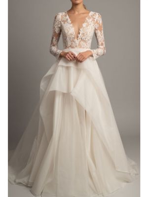 A-line V-neck Long Sleeves Court Train Tulle Wedding Gown With Buttons