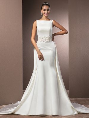 Mermaid Straps Bateau Neck Cathedral Train Tulle Wedding Gown With Beading