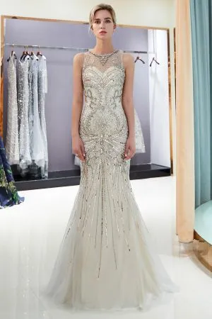Mermaid Jewel Neck Sleeveless Chapel Train Tulle Evening Dress With Beading