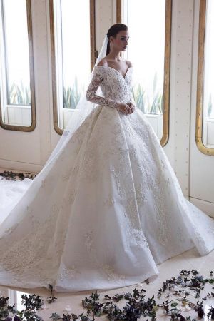 A-line Sweetheart Neck Long Sleeves Chapel Train Lace Bridal Gown With Crystal