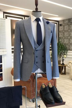Blue Double Breasted Business Suit