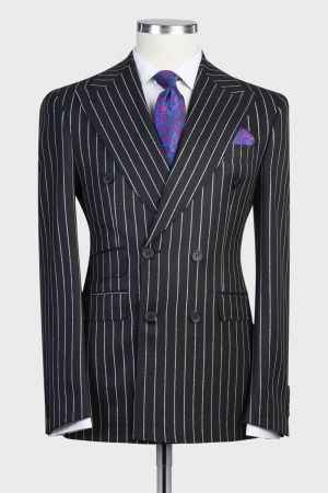 Black Stripe Double Breasted Business Men Suit with Peaked Lapel
