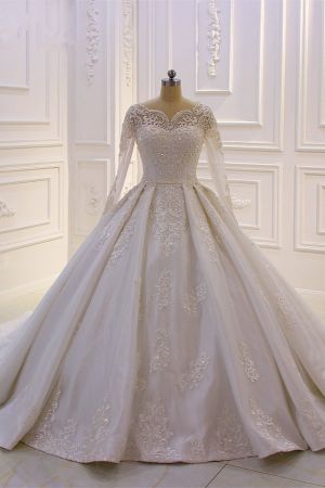 Ball Gown Sweetheart Neck Long Sleeves Floor-length Satin Bridal Attire With Lace