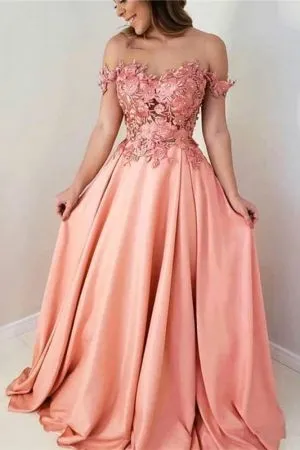 A-line Off-the-shoulder Sweetheart Neck Sleeveless Floor-length Satin Bridesmaid Dress With Appliques
