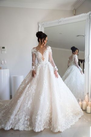 A-line V-neck Court Train Bridal Gown With Appliques