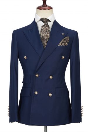 Dark Navy Double Breasted Formal Men's Suit with Peak Lapel for Prom