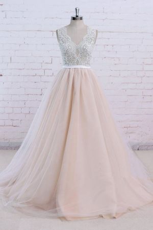A-line V-neck Sleeveless Floor-length Tulle Wedding Dress With Lace
