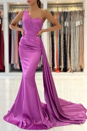 Mermaid One Shoulder Sleeveless Floor-length Stretch Satin Formal Dress With Ruffles