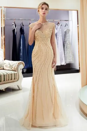 Mermaid Jewel Neck Sleeveless Sweep / Brush Train Tulle Evening Dress With Sequins