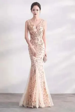 Deep V-neck Mermaid Evening Dress with Ruby Beads