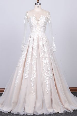 A-line Jewel Neck Long Sleeves Chapel Train Lace Bridal Gown With Lace