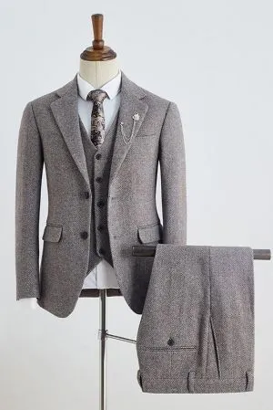 Coffee Small Plaid 3 Pieces Notched Lapel Business Suit
