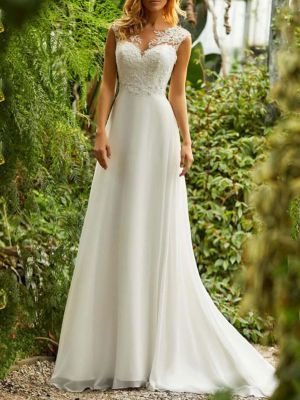 A-line V-neck Sleeveless Court Train Lace Wedding Gown With Lace