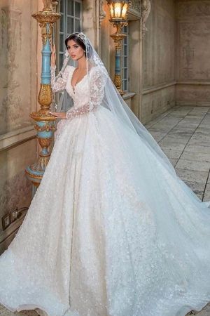 A-line V-neck Long Sleeves Chapel Train Lace Wedding Gown With Lace