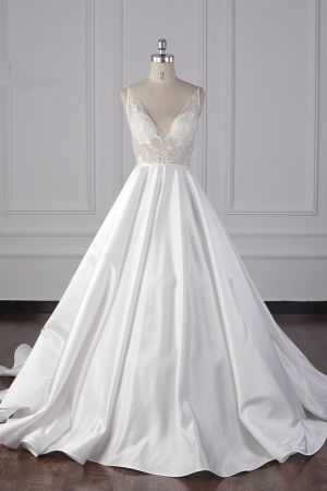 A-line Straps V-neck Sleeveless Floor-length Satin Wedding Dress With Appliques