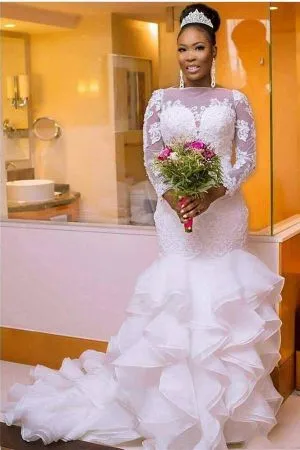 Mermaid Long Sleeves Court Train Lace Bridal Attire With Appliques