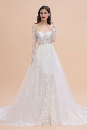 Mermaid Jewel Neck Long Sleeves Chapel Train Tulle Wedding Gown With Lace