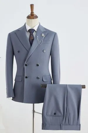 Blue Peaked Lapel Double Breasted Business Suit