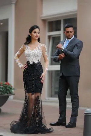 Black and White Lace Long Sleeve Prom Dress
