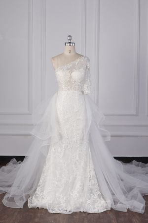 Column One Shoulder 3/4-Length Sleeves Floor-length Tulle Wedding Dress With Appliques