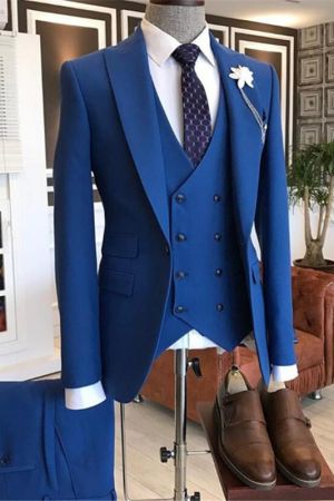 Blue Three-Pieces Peaked Lapel Men's Suit