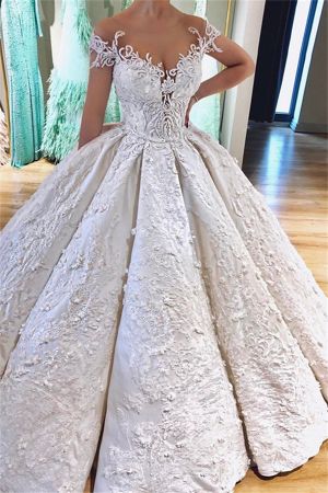 Ball Gown V-neck Sleeveless Floor-length Stretch Satin Bridal Dress With Appliques
