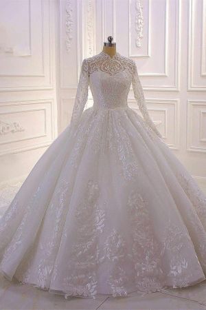 Ball Gown High Neck Long Sleeves Floor-length Tulle Wedding Dress With Beading
