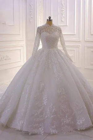 Ball Gown High Neck Long Sleeves Floor-length Tulle Wedding Dress With Beading