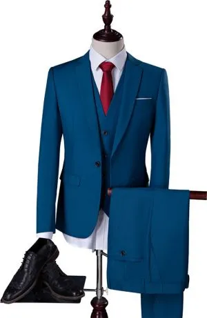 Teal Blue Formal Slim Fit Three-Piece Suit with Notch Collar