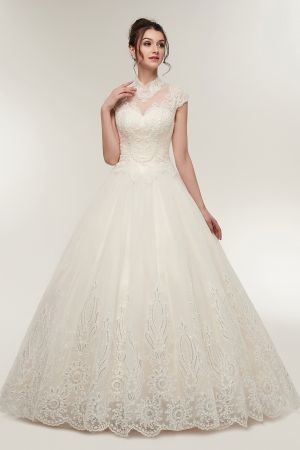 High Neck Short Sleeves Floor-length Lace Bridal Gown With Ruched