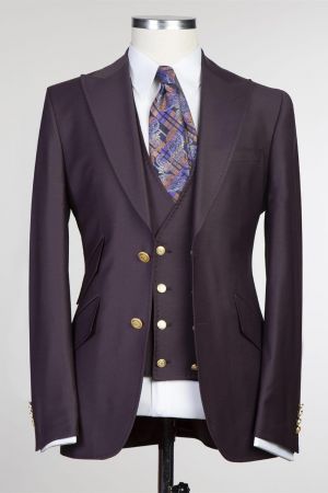 Dark Purple Three Pieces Prom Men Suit with Peaked Lapel