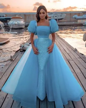 Square Neck Half-Sleeves Floor-length Tulle Party Gown With Beading