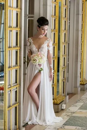 A-line Plunging Neckline Floor-length 100D Chiffon Wedding Dress With Lace