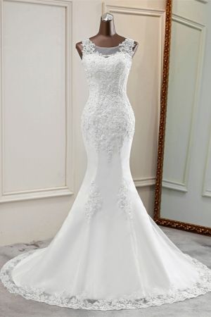Mermaid Jewel Neck Sleeveless Floor-length Tulle Bridal Dress With Appliques