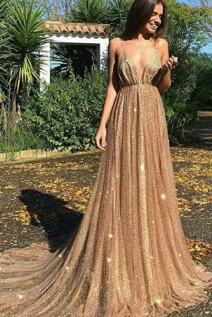 A-line Spaghetti Straps Sleeveless Sweep / Brush Train Formal Dress With Sequins