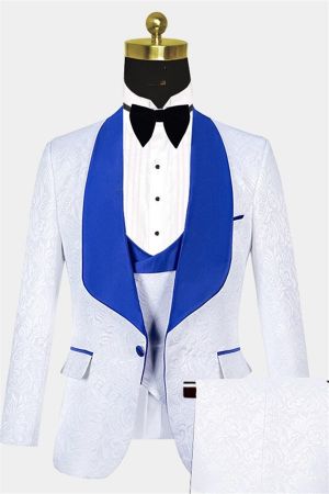 White Jacquard Tuxedo with Blue Shawl Lapel
