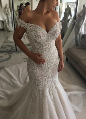 Mermaid Off-the-shoulder Short Sleeves Court Train Wedding Gown With Pearls